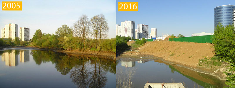 Вид на пруд в 2005 г. и 2016 г.
